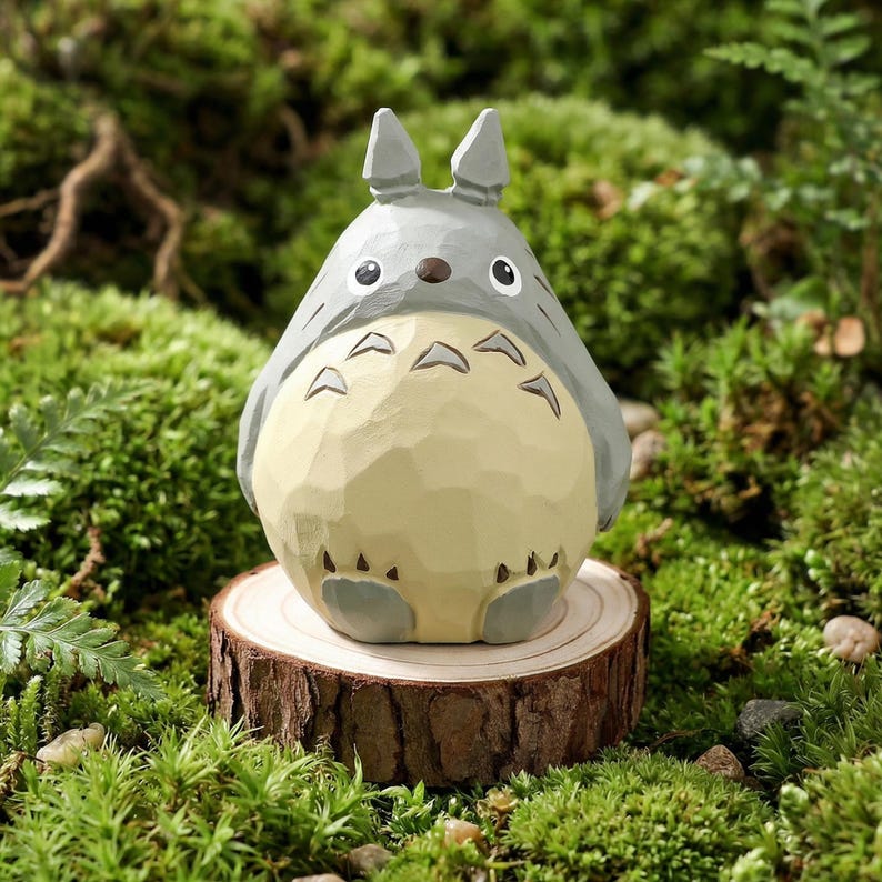 May include: A hand-carved wooden figurine of a Totoro character, featuring gray and cream colors. The figure has pointed ears and a round belly with dark markings. It is displayed on a small wooden slice, surrounded by green moss.