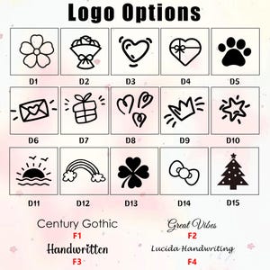 May include: Image showcasing logo options with various designs, including a flower, bouquet, heart, paw print, and gift box. The image also displays different font styles such as Century Gothic and Great Vibes.