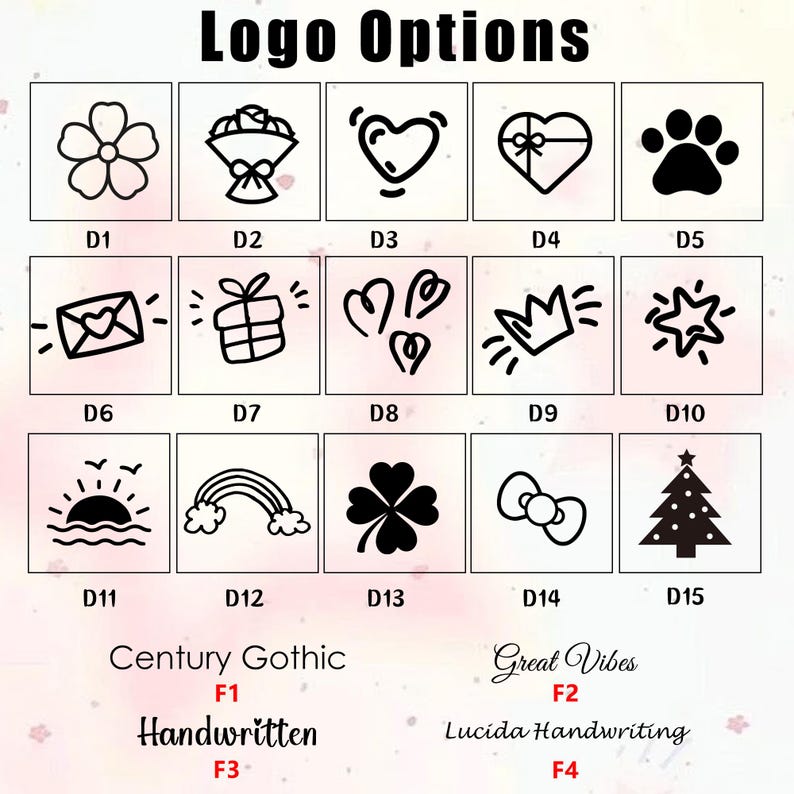 May include: Image showcasing logo options with various designs, including a flower, bouquet, heart, paw print, and gift box. The image also displays different font styles such as Century Gothic and Great Vibes.