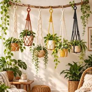 Handmade Macrame Plant Hanger, Woven Flower Pot Sling, Boho Farmhouse Wall Decor, Indoor Hanging Planter, Housewarming Gift