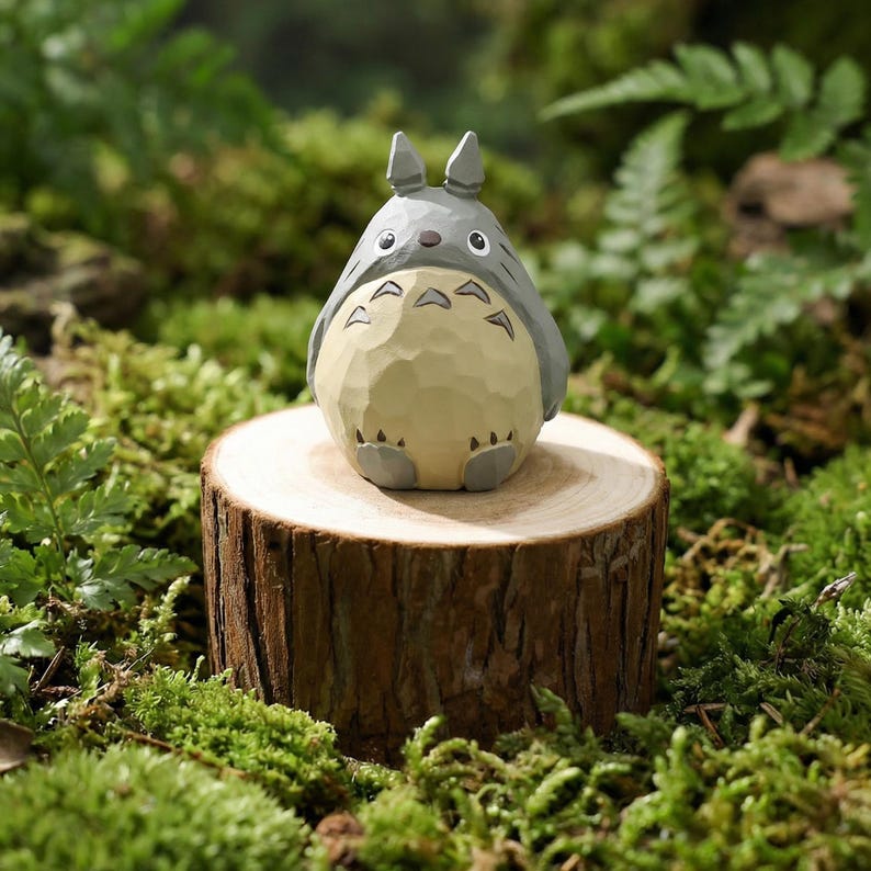 May include: A gray and beige Totoro figurine with pointed ears and a round belly, sitting on a small wooden stump. The figurine is surrounded by green moss and foliage, creating a natural setting.