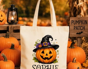 Personalized Halloween Canvas Tote Bag,Custom Pumpkin Witch Tote Shopping Bag,Reusable Trick or Treat Bag,Custom Name Gift for Kids & Women
