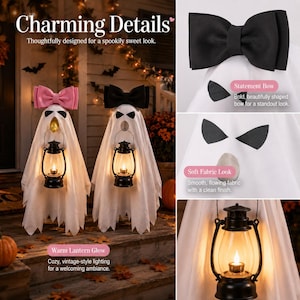 May include: Two white ghost decorations made of soft fabric, one with a pink bow and one with a black bow. Each ghost features black eyes, a mouth, and holds a black lantern with a warm glowing light. Text on the image includes Charming Details.