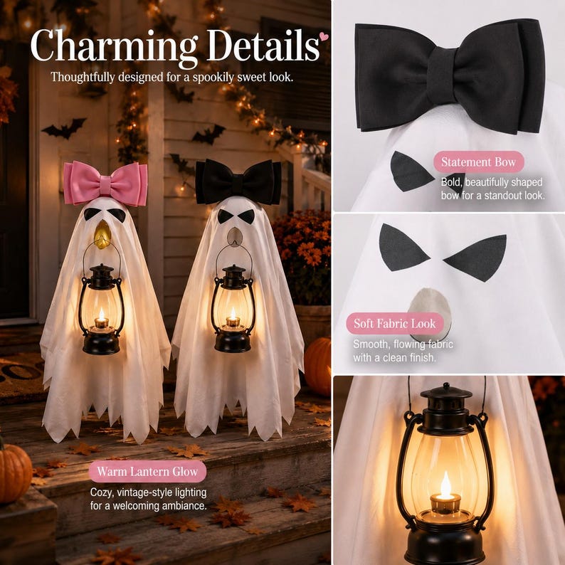 May include: Two white ghost decorations made of soft fabric, one with a pink bow and one with a black bow. Each ghost features black eyes, a mouth, and holds a black lantern with a warm glowing light. Text on the image includes Charming Details.