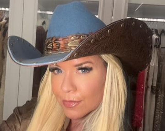 Blue 100% wool cowboy hat with tooled leather under the brim