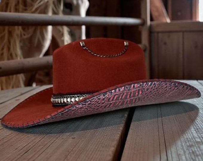 100% wool cowboy hat with alligator handstitched to brim