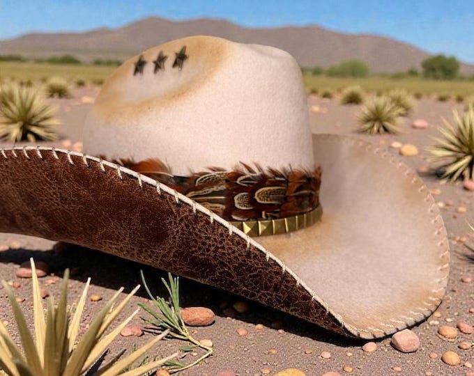 100% wool Ivory hat with brown suede handstitched to brim