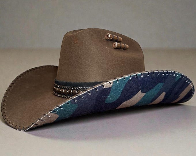 100% wool olive cowboy hat with camo suede like fabric handstitched to brim