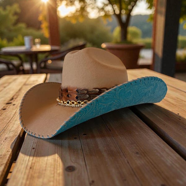 Sombrero de vaquero 100 % lana color canela con cuero repujado color verde azulado cosido a mano en el ala