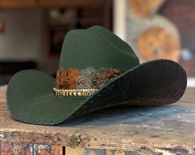 100% wool dark green cowboy hat with emerald tooled leather handstitched to brim