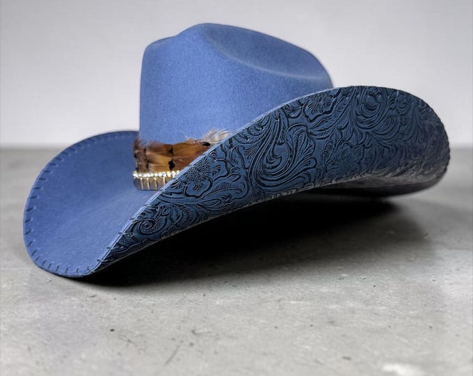 Blue 100% wool cowboy hat with tooled leather under the brim