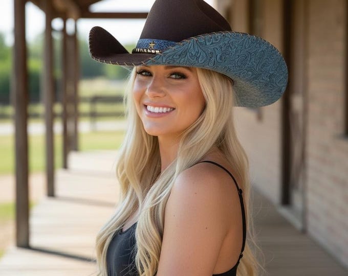 100% wool cowboy hat with blue tooled leather handstitched to brim