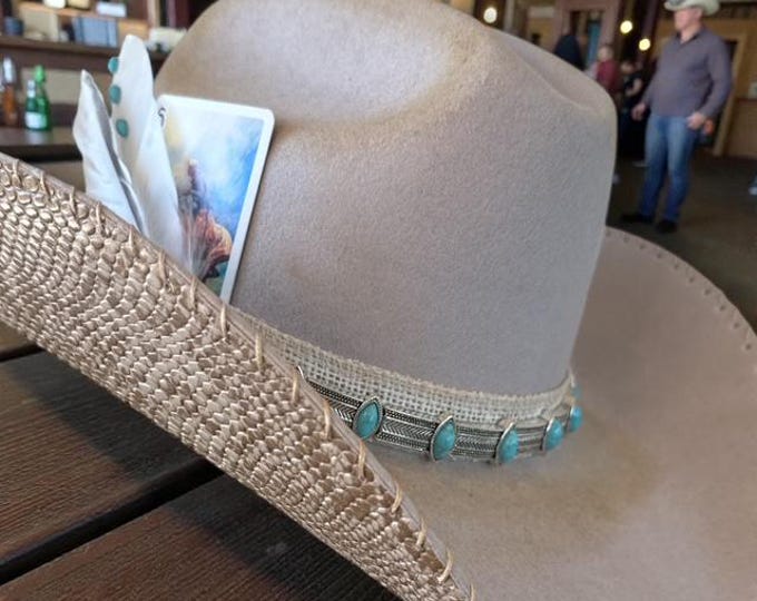 100% wool cowboy hat with ivory snakeskin handstitched to brim