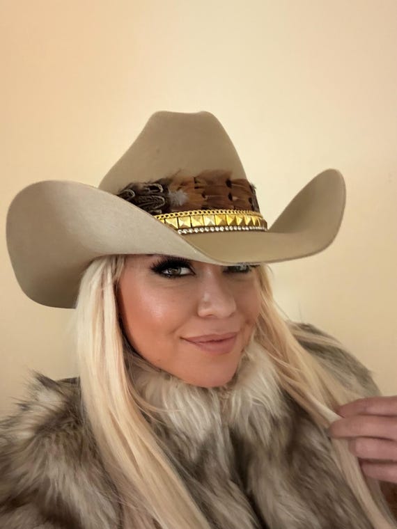 100% Wool Tan Cowboy Hat With Feather Hat Band and Gold  display picture 3