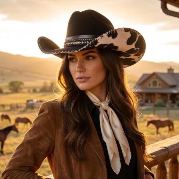 Sombrero de vaquero negro 100% lana con cuero con estampado de vaca cosido a mano en el ala