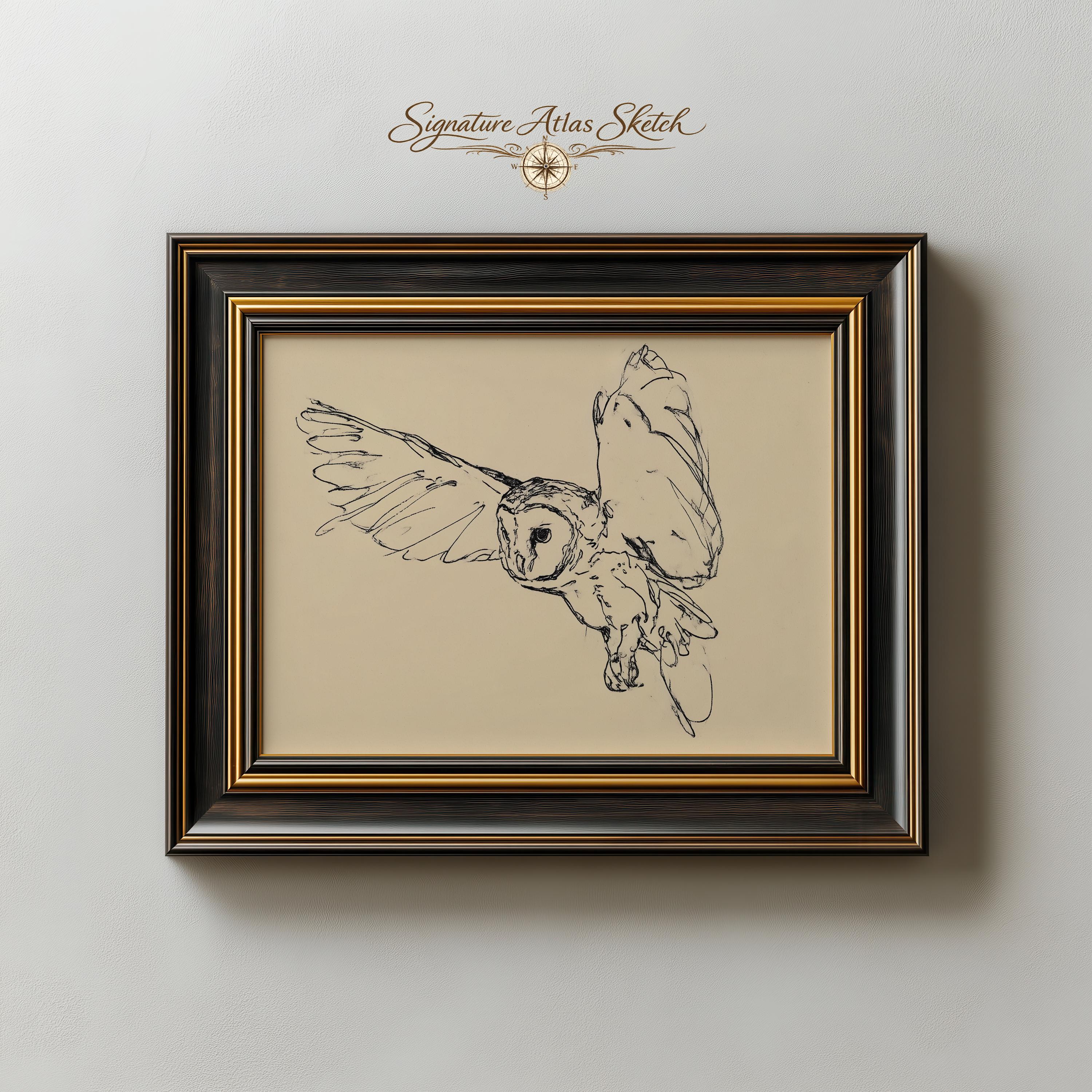 Vintage Sketch of Barn Owl in Flight - Moody Minimalist Wall Art, Rustic Farmhouse Decor, Neutral To