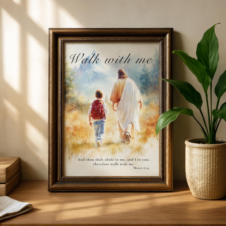 Christian Wall Art Printable, Walk With Him Scene - Jesus Walking With ...