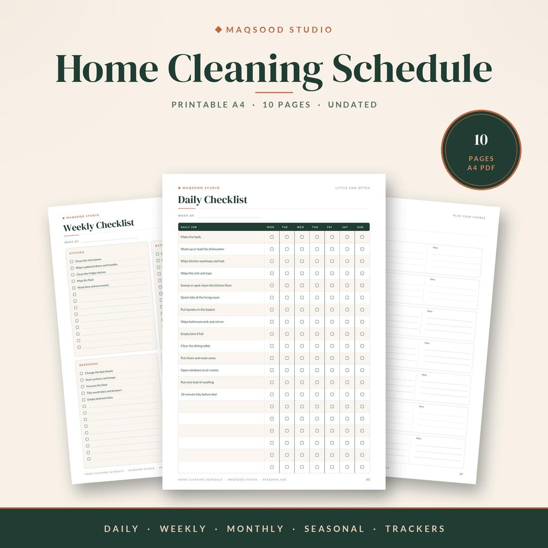 Home Cleaning Schedule A4 Printable, Daily Weekly Monthly Checklist ...