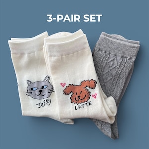 3 Paar Katzen und Hunde bestickte Socken, wunderliche Hundemama Geschenk, Tiersocken für Frauen
