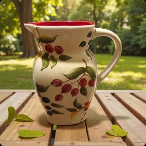 Op de afbeelding: Crèmekleurige keramische kan met een rode rand en een gebogen handvat. De kan is versierd met handgeschilderde rode bessen, groene bladeren en donkerblauwe bessen. De kan staat op een houten tafel.