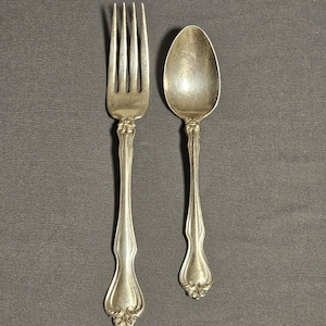 May include: A silver fork and spoon set against a gray background. The fork has four tines, and both utensils have ornate, curved handles with decorative detailing. The spoon has a rounded bowl.