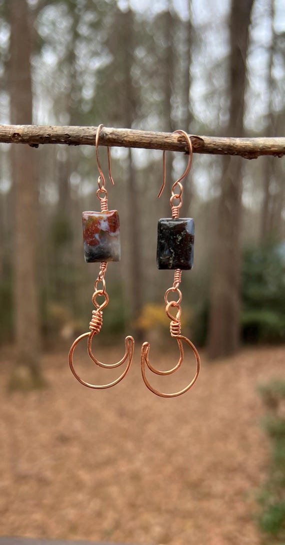 Bloodstone Copper Crescent Earrings – Handmade Wire Wrapped Gemstone Earrings, Artisan Copper Jewelry, Earthy Statement Earrings