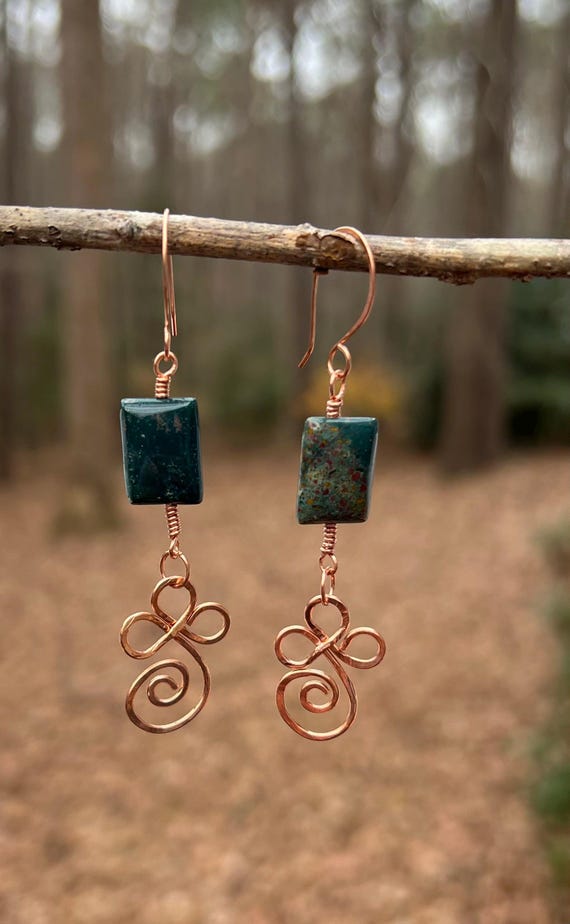 Bloodstone Copper Wire Wrapped Earrings – Handmade Gemstone Earrings, Artisan Copper Jewelry, Everyday Statement Earrings