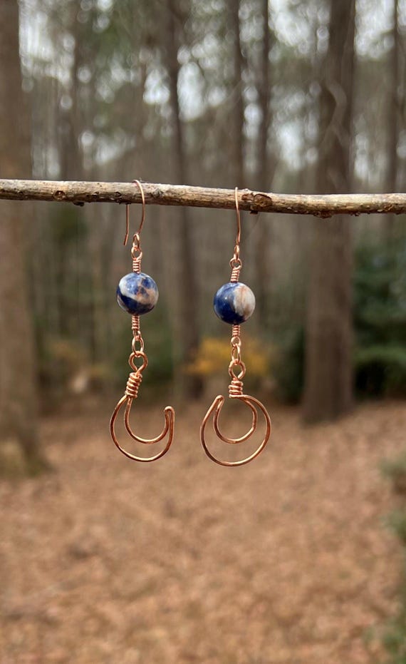 Sodalite Copper Crescent Earrings – Handmade Wire Wrapped Blue Gemstone Earrings, Artisan Copper Jewelry, Everyday Statement Earrings