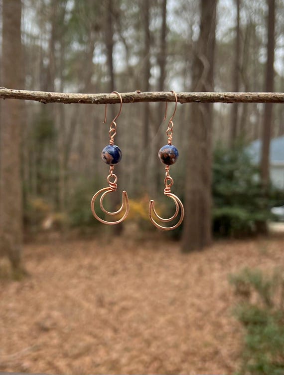 Sodalite Copper Crescent Earrings – Handmade Wire Wrapped Blue Stone Earrings, Artisan Copper Jewelry, Earthy Statement Earrings