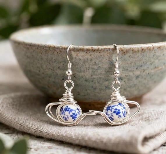 teapot earrings blue white, porcelain bead dangle earrings, silver filled wire wrapped earrings, handmade cute gift for her