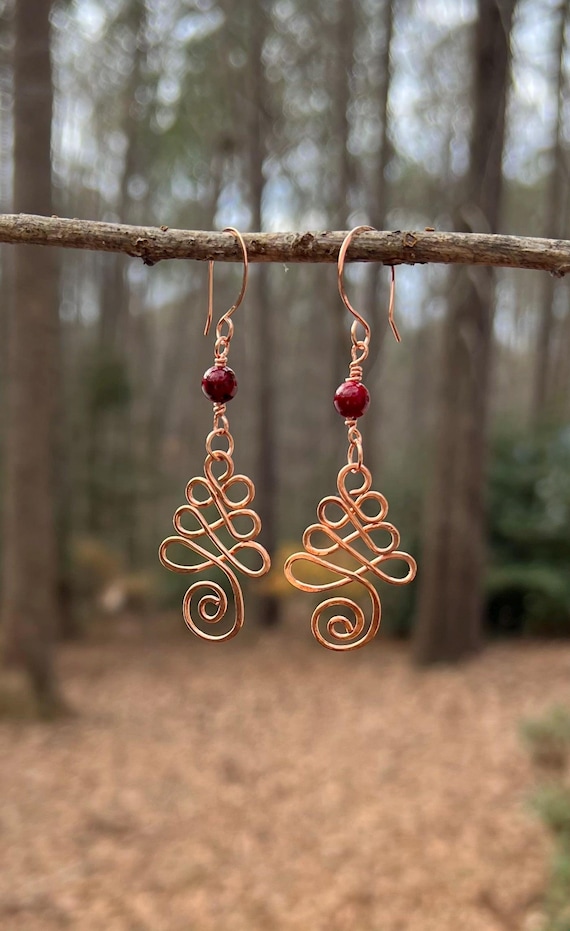Handmade Copper Christmas Tree Earrings with Red Carnelian – Holiday Wire Wrapped Earrings, Festive Artisan Copper Jewelry