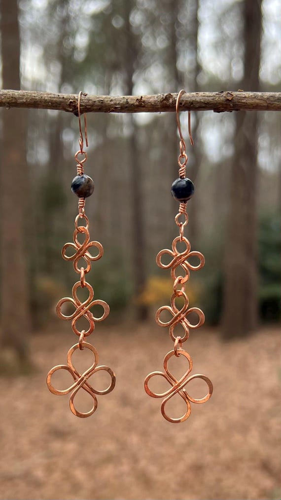 Midnight Blue Copper Clover Earrings – Handmade Wire Wrapped Sodalite Earrings, Artisan Copper Jewelry