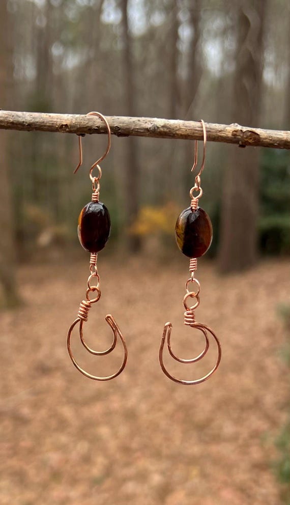 Tiger’s Eye Copper Crescent Earrings – Handmade Wire Wrapped Brown Gemstone Earrings, Artisan Copper Jewelry, Earthy Statement Earrings