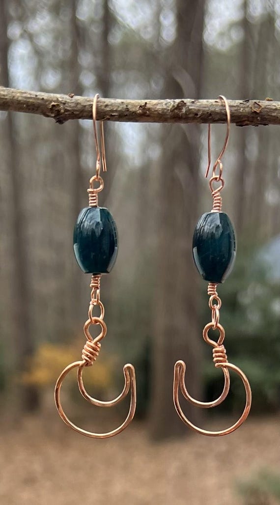 Forest Green Copper Crescent Earrings – Handmade Wire Wrapped Stone Earrings, Artisan Copper Jewelry