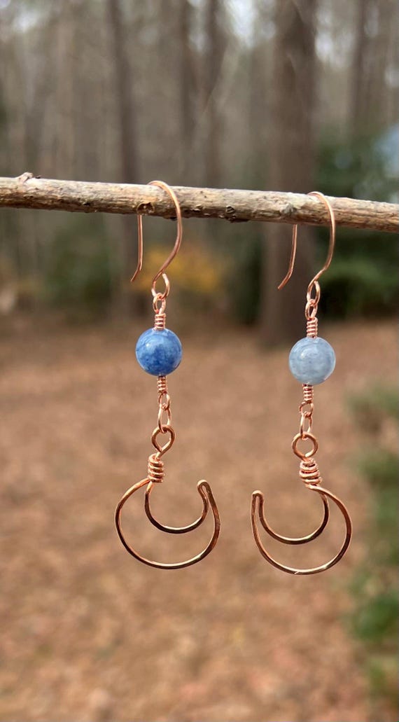 Blue Glass Copper Crescent Earrings – Handmade Wire Wrapped Blue Glass Earrings, Artisan Copper Jewelry, Earthy Crescent Earrings