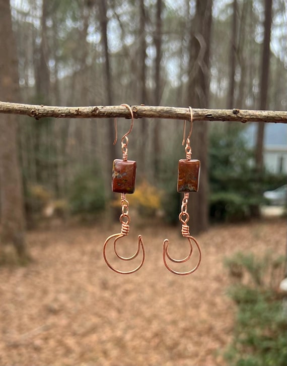 Earth tone Jasper Copper Crescent Earrings, Handmade Wire Wrapped Jasper Earrings, Artisan Copper Jewelry, Warm Neutral Statement Earrings