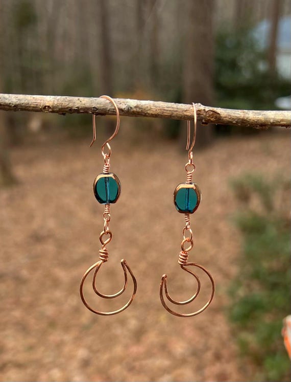 Artisan Glass Copper Crescent Earrings – Handmade Wire Wrapped Blue Earrings, Artisan Copper Jewelry, Modern Boho Statement Earrings