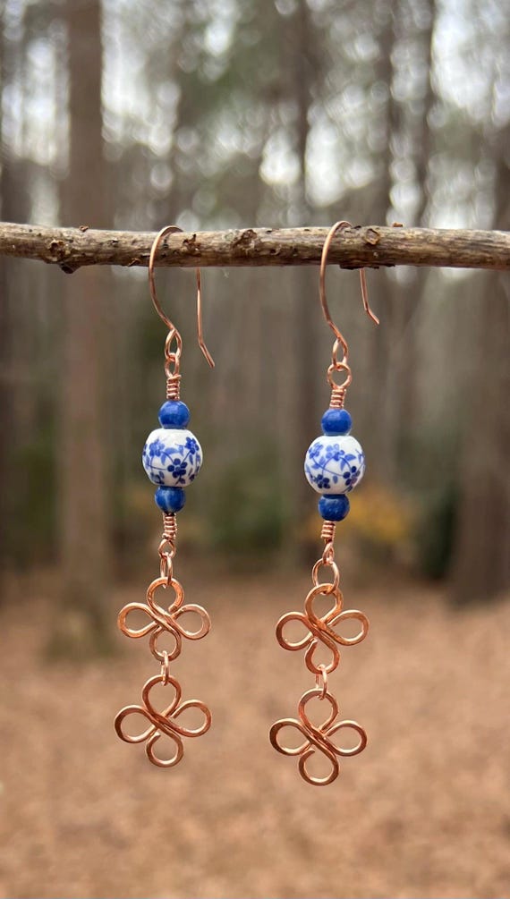 Blue & White Porcelain and copper Earrings, Handmade Wire Wrapped Blue Ceramic Earrings, Artisan Copper Jewelry, Classic Everyday Earrings