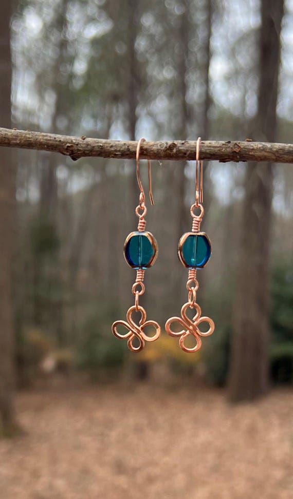 Deep Blue Copper Clover Drop Earrings – Handmade Wire Wrapped Blue Glass Earrings, Artisan Copper Jewelry, Lightweight Everyday Dangles