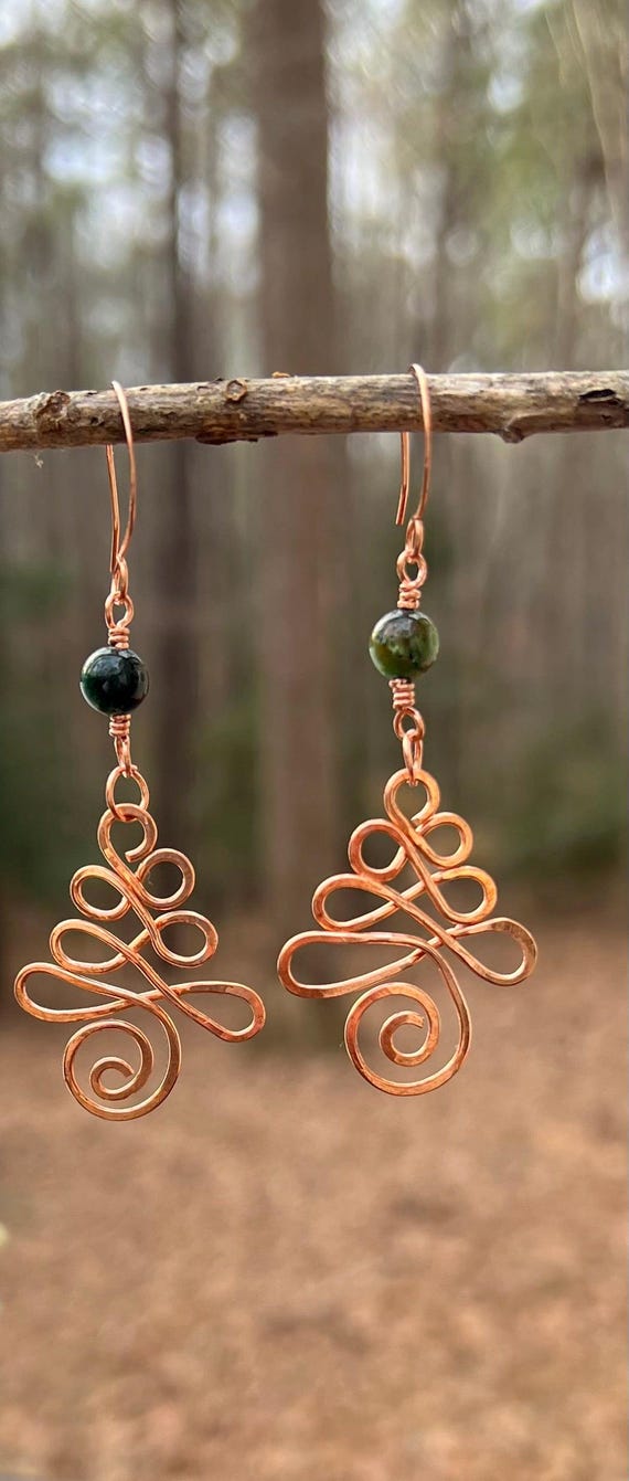Handmade Copper Christmas Tree Earrings with Stunning Deep Green Tiger’s Eye, Handmade Artisan Holiday Jewelry