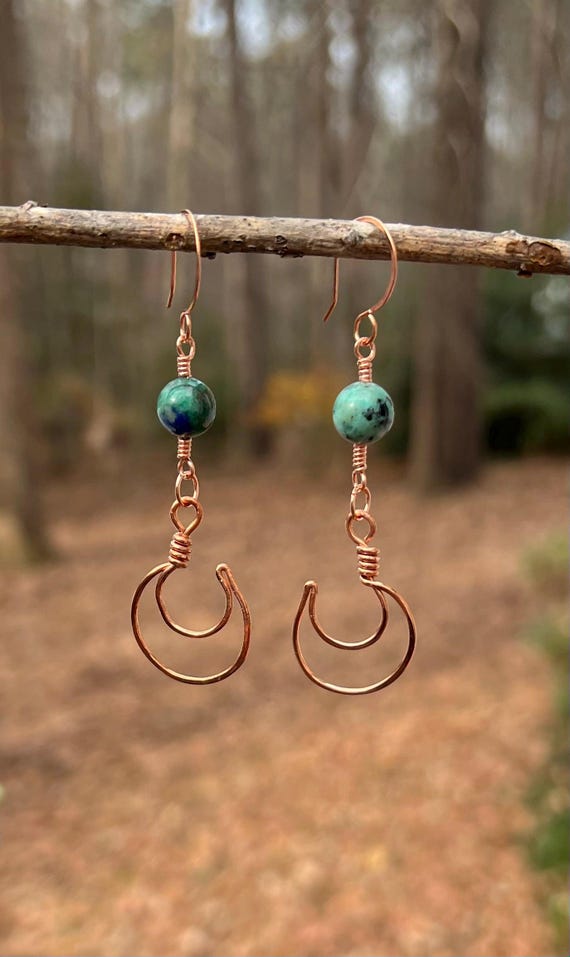 African Turquoise Copper Crescent Earrings, Handmade Wire Wrapped Jasper Earrings, Artisan Copper Jewelry, Earthy Statement Earrings
