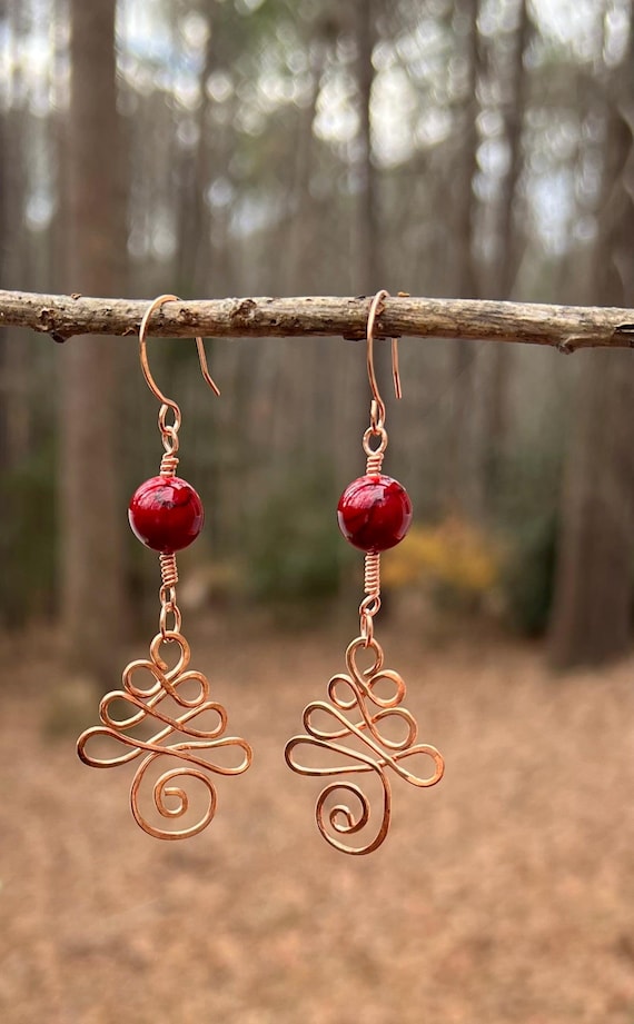 Handmade Copper Christmas Tree Earrings with Warm Red Carnelian – Wire Wrapped Holiday Earrings, Artisan Copper Jewelry