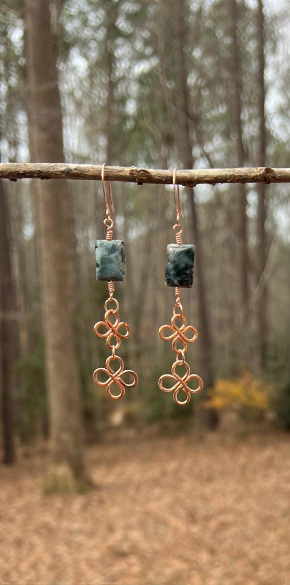 Moss Agate Copper Crescent Earrings – Handmade Wire Wrapped Green Gemstone Earrings, Artisan Copper Jewelry, Earthy Statement Earrings