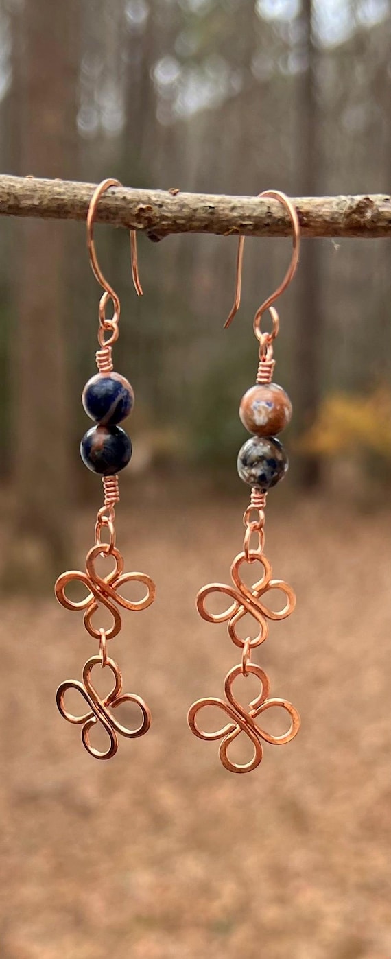 Deep Blue Copper Clover Drop Earrings – Handmade Wire Wrapped Blue Stone Earrings, Artisan Copper Jewelry