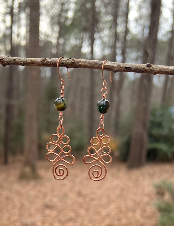 Handmade Copper Christmas Tree Earrings with Deep Green Tiger’s Eye – Artisan Wire Wrapped Holiday Jewelry