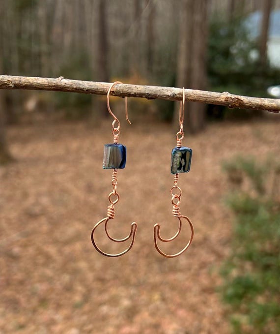 Blue Glass Copper Crescent Earrings – Handmade Wire Wrapped Blue Glass Earrings, Artisan Copper Jewelry, Minimal Earthy Dangle Earrings