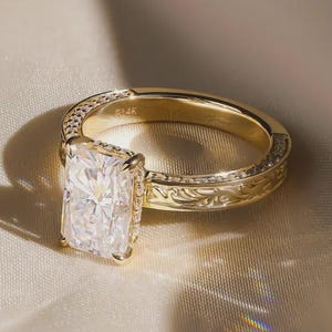 4CT Radiant Cut Moissanite Engagement Ring in 18K Solid Yellow Gold | Art Deco Engraved Band | Vintage Promise Wedding Ring | Bridal Gift