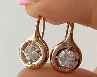 Round Cut 2 Carat Lab Grown Diamond Drop Earrings, Puffy Bezel, 14k Solid Yellow  Gold French Wire Gift For Women