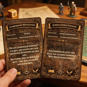 Könnte beinhalten: Zwei Spielkarten mit deutschem Text, "Verborgene Motivation" und "Zerbrechende Fassade", werden in einer Hand gehalten. Die Karten haben verzierte Ränder und Text. Würfel und Miniaturfiguren sind im Hintergrund, was auf ein Tabletop-Spiel hindeutet.