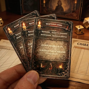 May include: A hand holds several game cards with text and illustrations of candles and a drop of liquid. Dice and a character sheet are on the wooden table. The text on the cards reads "DER FEIND LERNT".